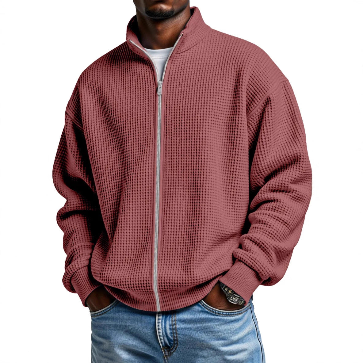 Men’s Waffle-Weave Zip-Up Jacket – Minimalist Stand-Up Collar