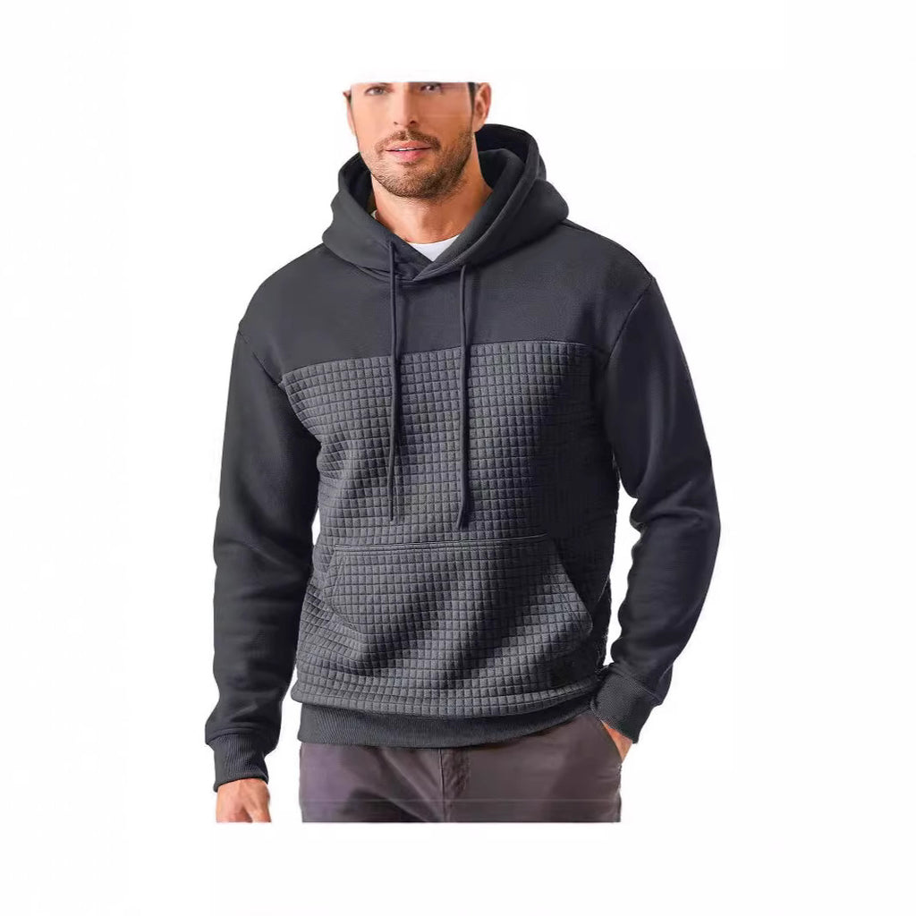 Men’s Plus-Size Fleece Hoodie – Casual Plaid Patchwork Pullover