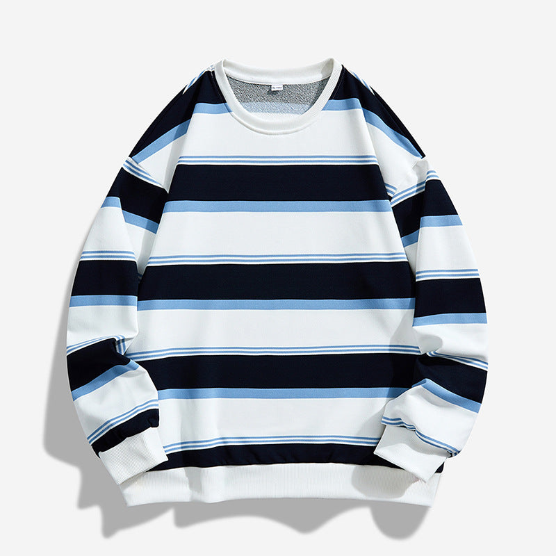 Men’s Striped Crew-Neck Sweatshirt – Loose Casual Autumn Top