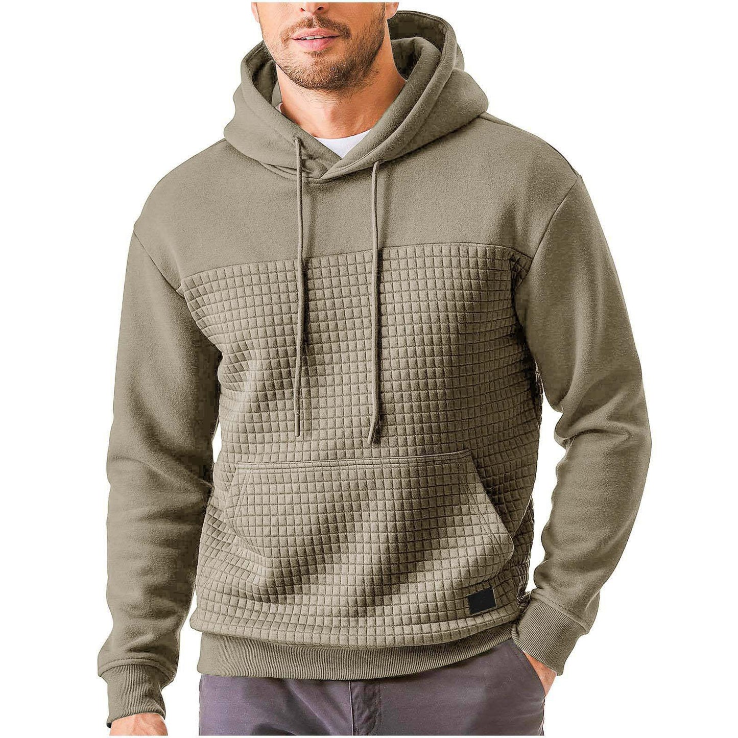 Men’s Plus-Size Fleece Hoodie – Casual Plaid Patchwork Pullover