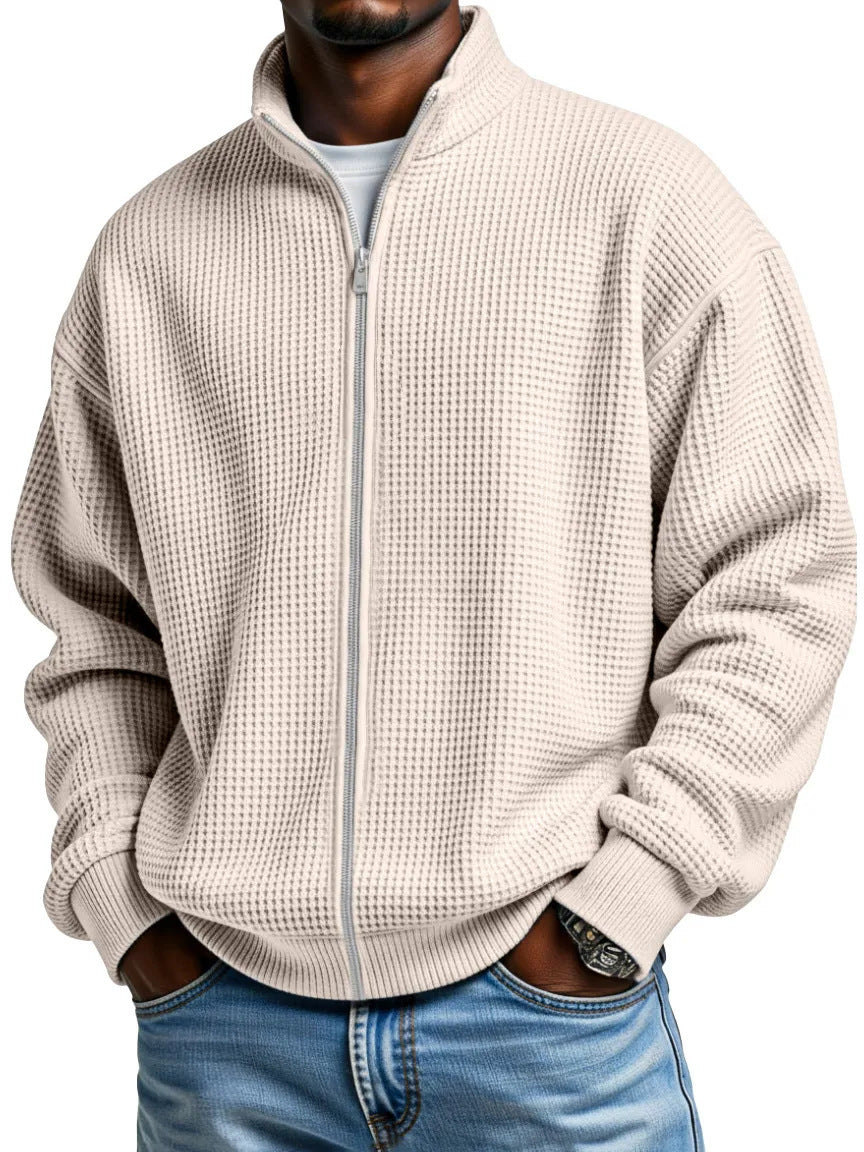 Men’s Waffle-Weave Zip-Up Jacket – Minimalist Stand-Up Collar