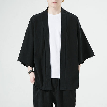 Mens Cotton-Linen Cardigan With Three-Quarter Sleeves