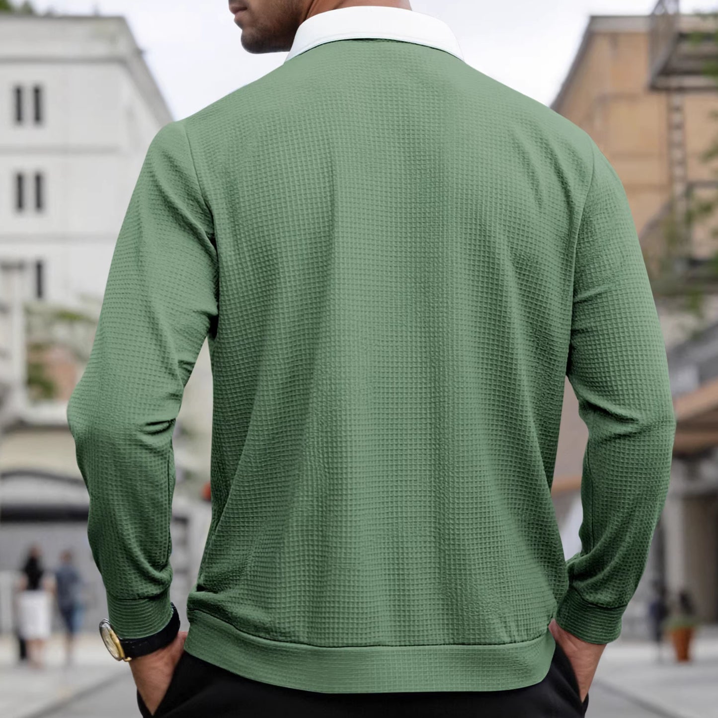 Solid-color Waffle-knit Long-sleeve Lapel Zip-up Shirt