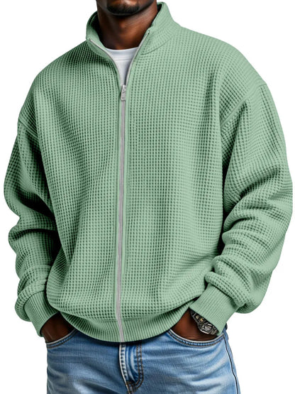 Men’s Waffle-Weave Zip-Up Jacket – Minimalist Stand-Up Collar