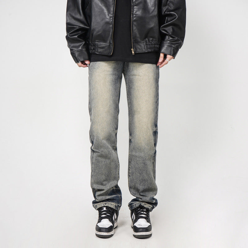 Men’s Washed Yellow Loose Straight Jeans – Casual Streetwear