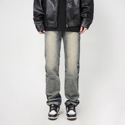 Men’s Washed Yellow Loose Straight Jeans – Casual Streetwear