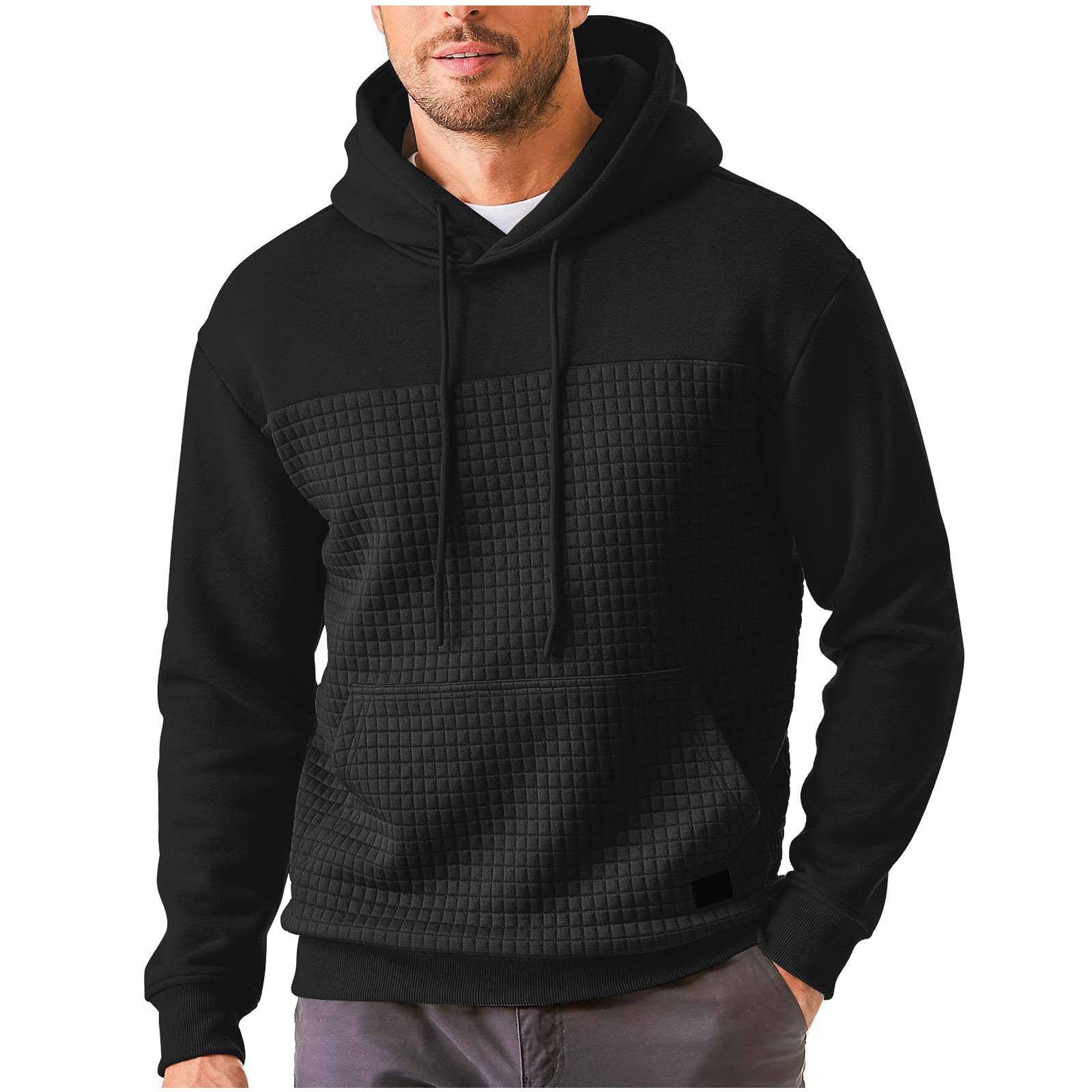 Men’s Plus-Size Fleece Hoodie – Casual Plaid Patchwork Pullover