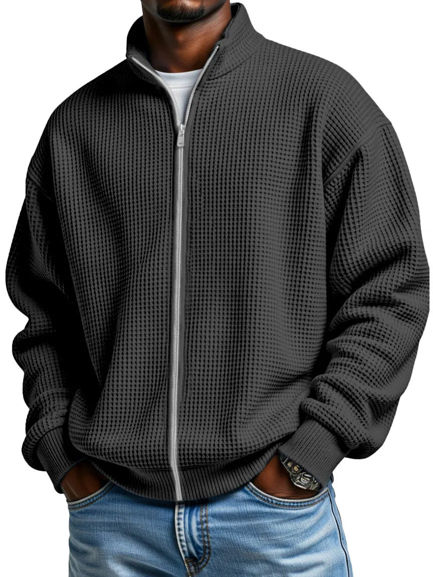 Men’s Waffle-Weave Zip-Up Jacket – Minimalist Stand-Up Collar
