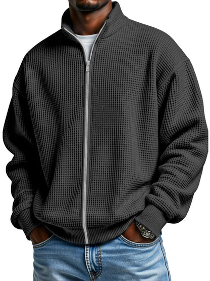Men’s Waffle-Weave Zip-Up Jacket – Minimalist Stand-Up Collar