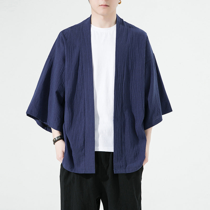 Mens Cotton-Linen Cardigan With Three-Quarter Sleeves