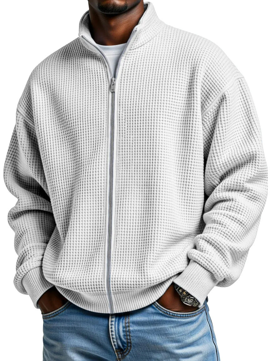 Men’s Waffle-Weave Zip-Up Jacket – Minimalist Stand-Up Collar