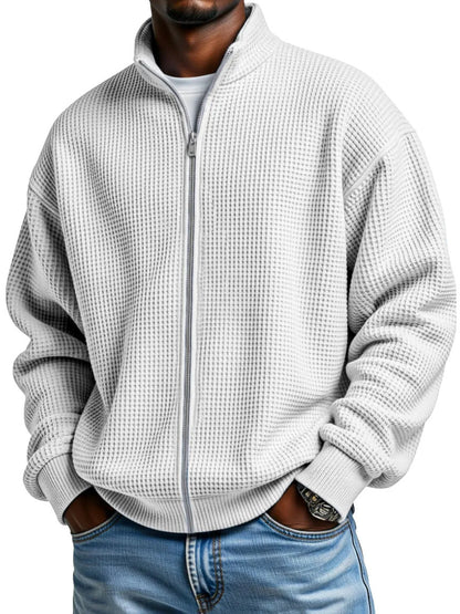 Men’s Waffle-Weave Zip-Up Jacket – Minimalist Stand-Up Collar