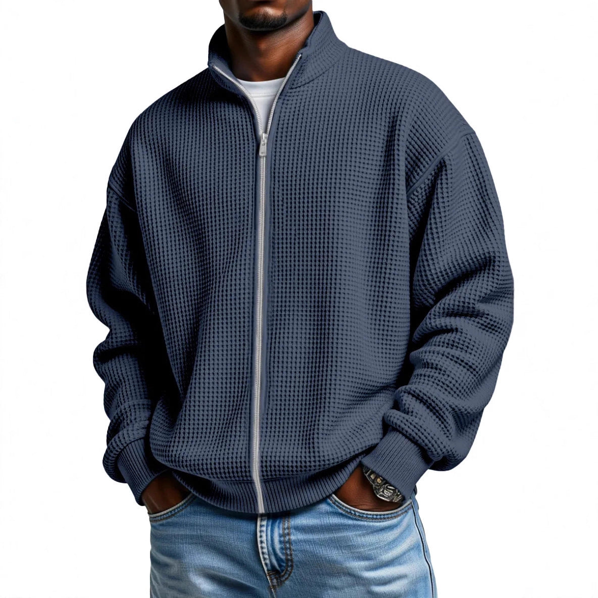 Men’s Waffle-Weave Zip-Up Jacket – Minimalist Stand-Up Collar