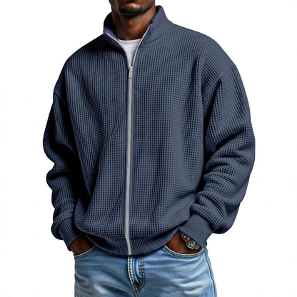 Men’s Waffle-Weave Zip-Up Jacket – Minimalist Stand-Up Collar