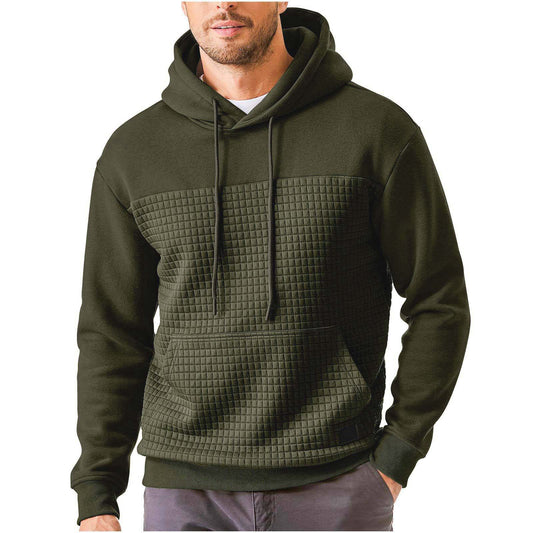 Men’s Plus-Size Fleece Hoodie – Casual Plaid Patchwork Pullover