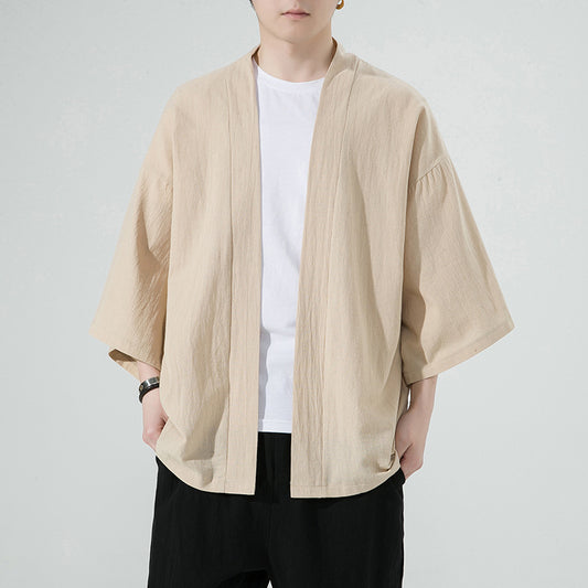 Mens Cotton-Linen Cardigan With Three-Quarter Sleeves