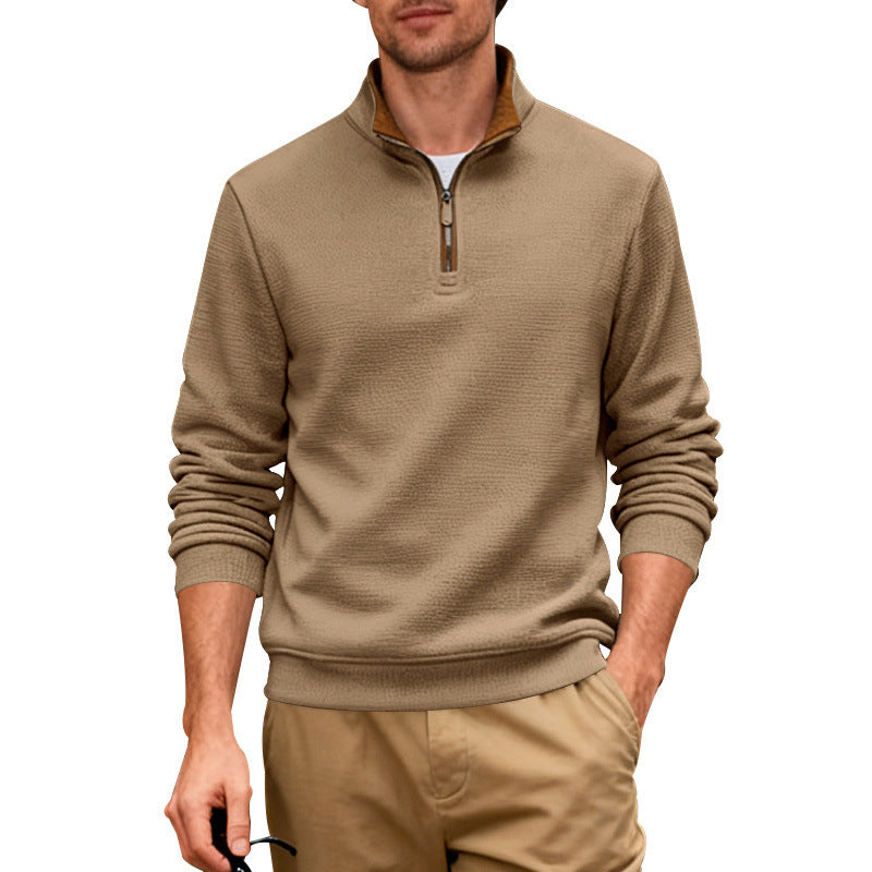 Men's Winter Loose Fit Heavyweight Composite Stand Collar Zip Up Casual Commuter Business Plaid Sweater