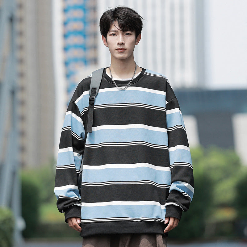 Men’s Striped Crew-Neck Sweatshirt – Loose Casual Autumn Top