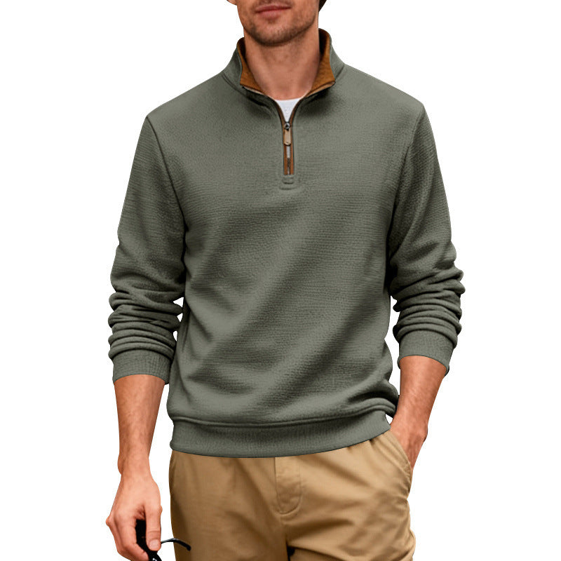 Men's Winter Loose Fit Heavyweight Composite Stand Collar Zip Up Casual Commuter Business Plaid Sweater