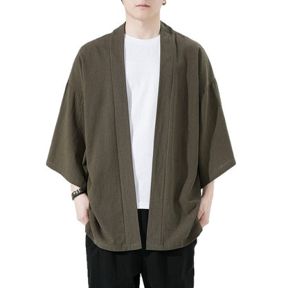 Mens Cotton-Linen Cardigan With Three-Quarter Sleeves