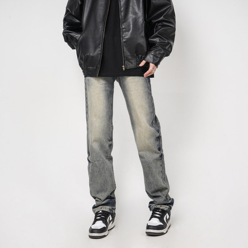 Men’s Washed Yellow Loose Straight Jeans – Casual Streetwear