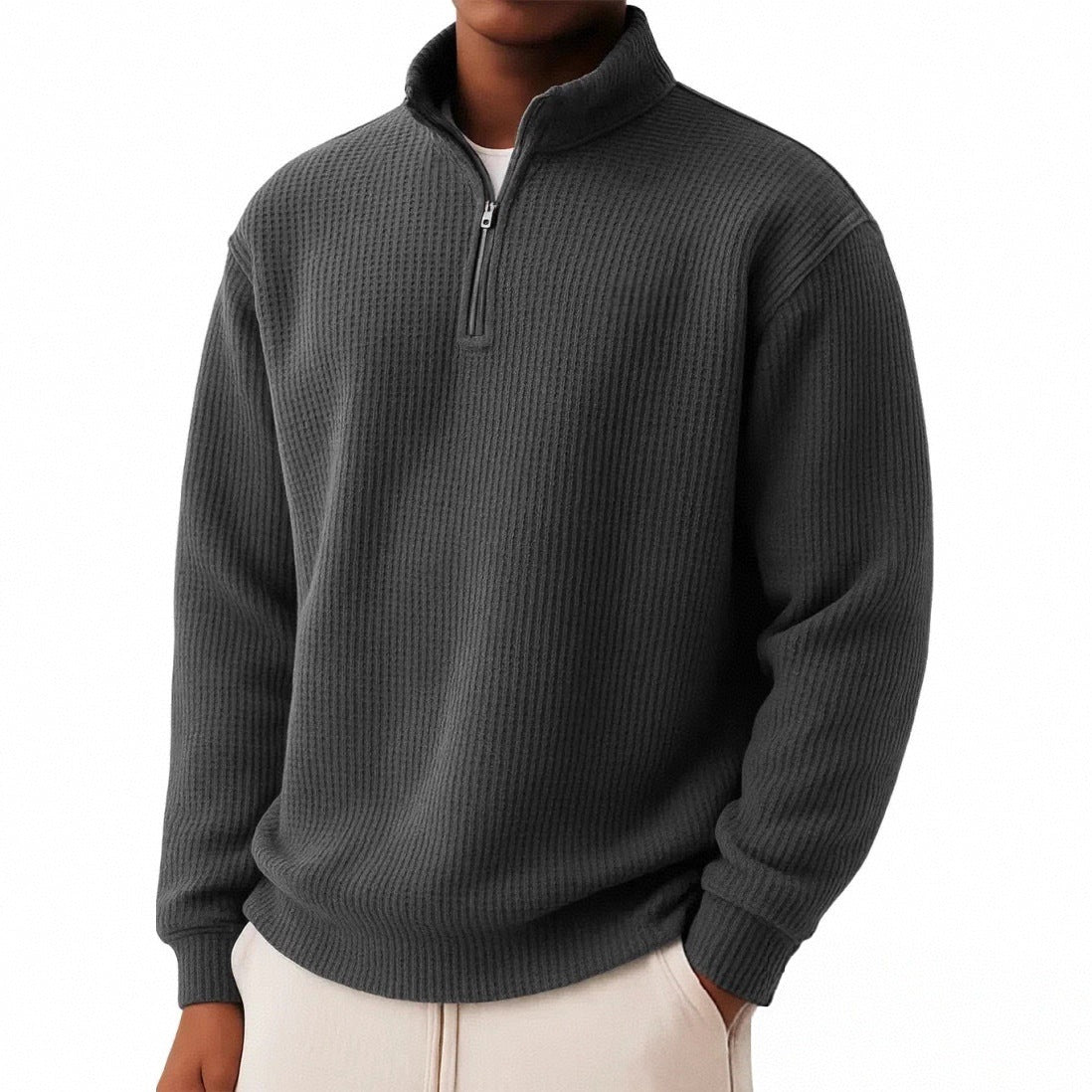 Men’s Relaxed-Fit Waffle Knit Zip-Up – Casual Long Sleeve Top
