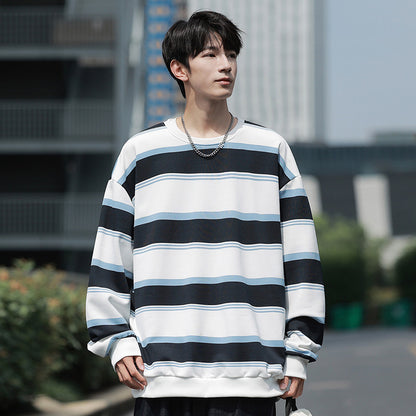 Men’s Striped Crew-Neck Sweatshirt – Loose Casual Autumn Top