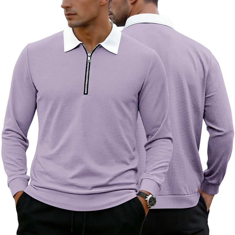 Solid-color Waffle-knit Long-sleeve Lapel Zip-up Shirt