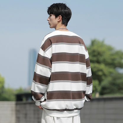 Men’s Striped Crew-Neck Sweatshirt – Loose Casual Autumn Top