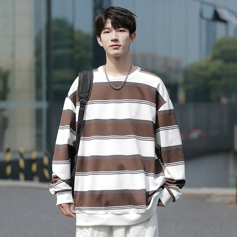 Men’s Striped Crew-Neck Sweatshirt – Loose Casual Autumn Top