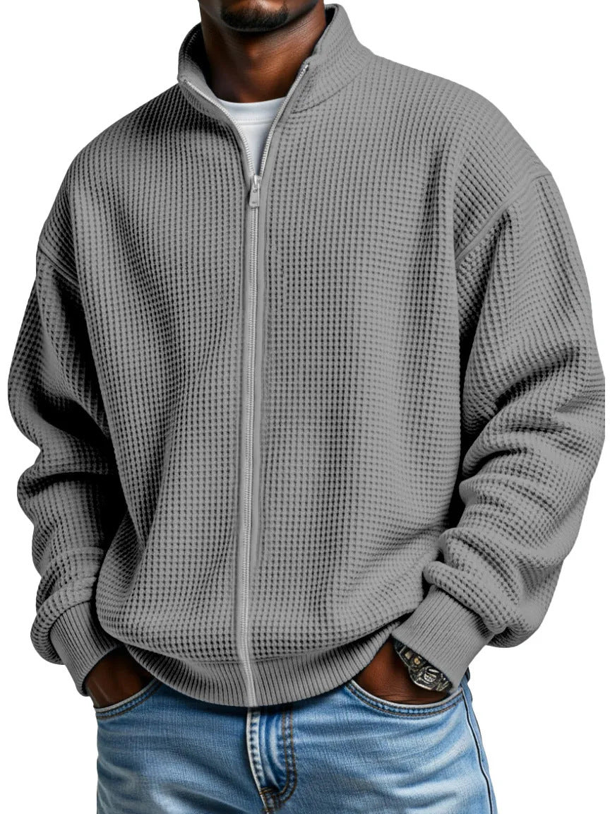 Men’s Waffle-Weave Zip-Up Jacket – Minimalist Stand-Up Collar