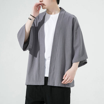 Mens Cotton-Linen Cardigan With Three-Quarter Sleeves