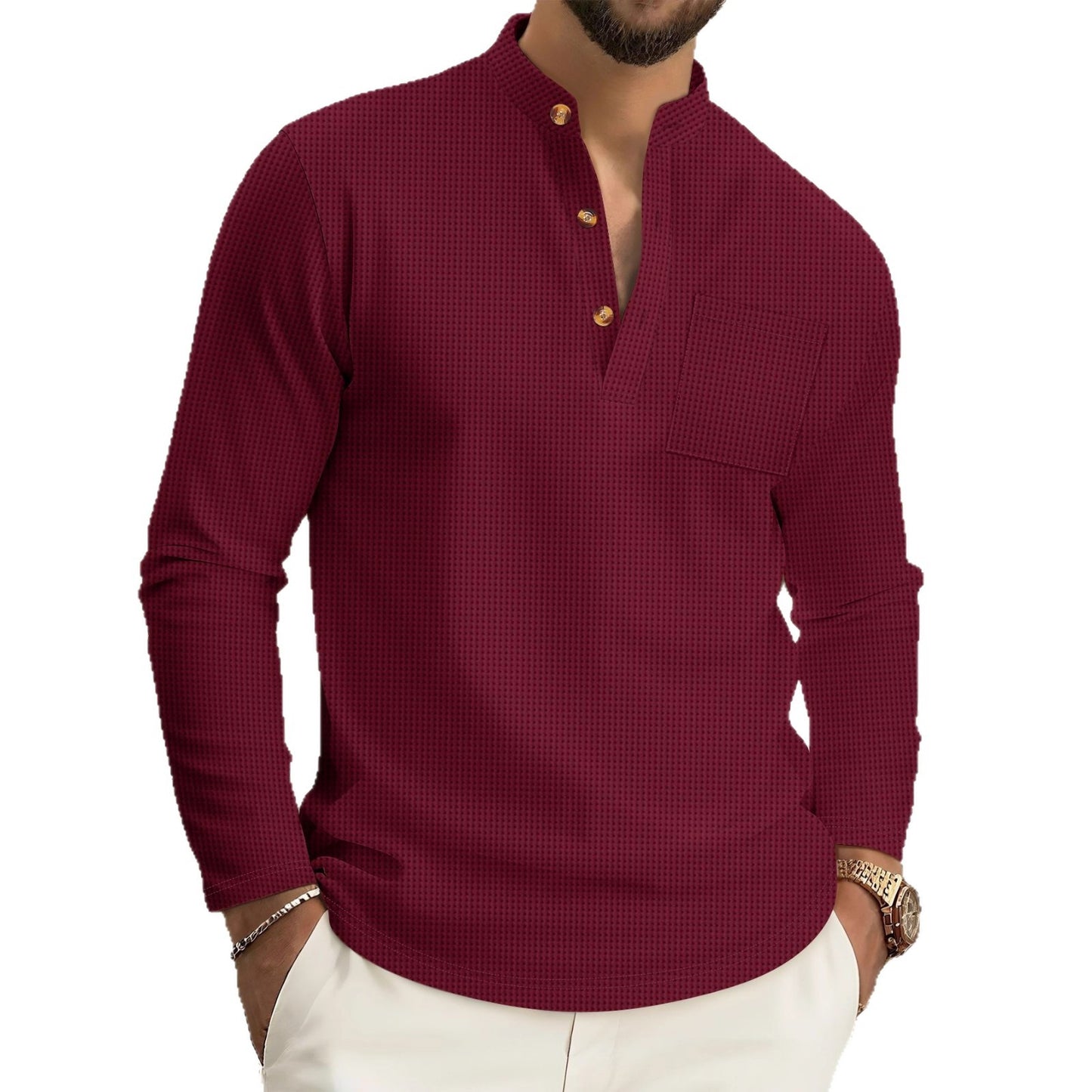 Men’s Waffle Knit Button-Up Sweater – Solid Color Long Sleeve Casual Top
