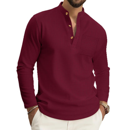 Men’s Waffle Knit Button-Up Sweater – Solid Color Long Sleeve Casual Top
