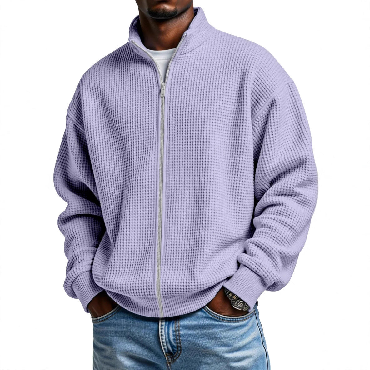 Men’s Waffle-Weave Zip-Up Jacket – Minimalist Stand-Up Collar