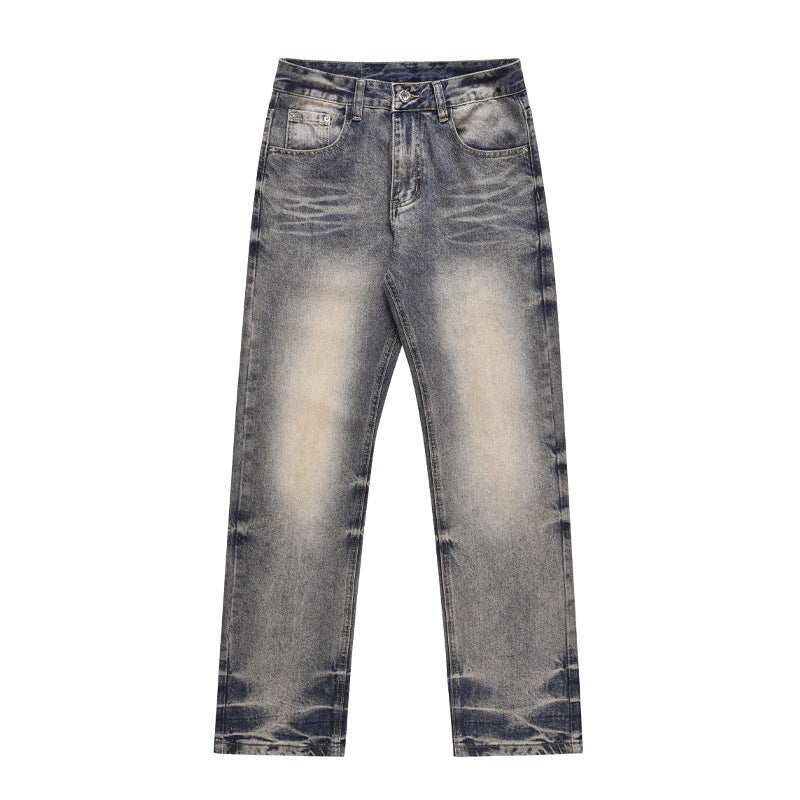 Men’s Washed Yellow Loose Straight Jeans – Casual Streetwear