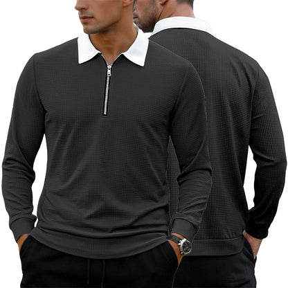 Solid-color Waffle-knit Long-sleeve Lapel Zip-up Shirt