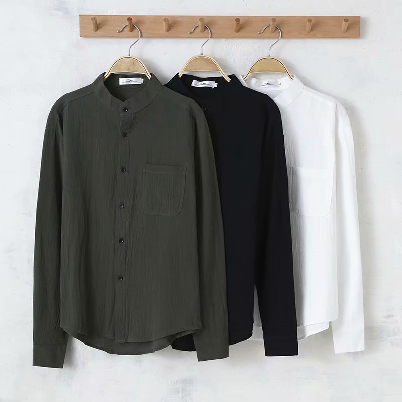 Solid Color Men's Long Sleeve Round Neck Casual Loose Linen Shirt