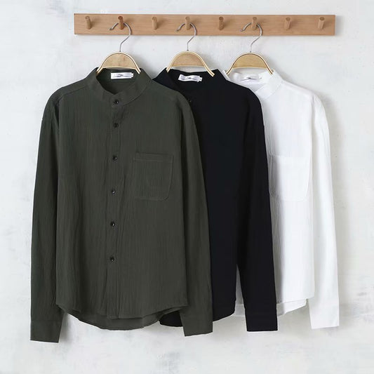 Solid Color Men's Long Sleeve Round Neck Casual Loose Linen Shirt