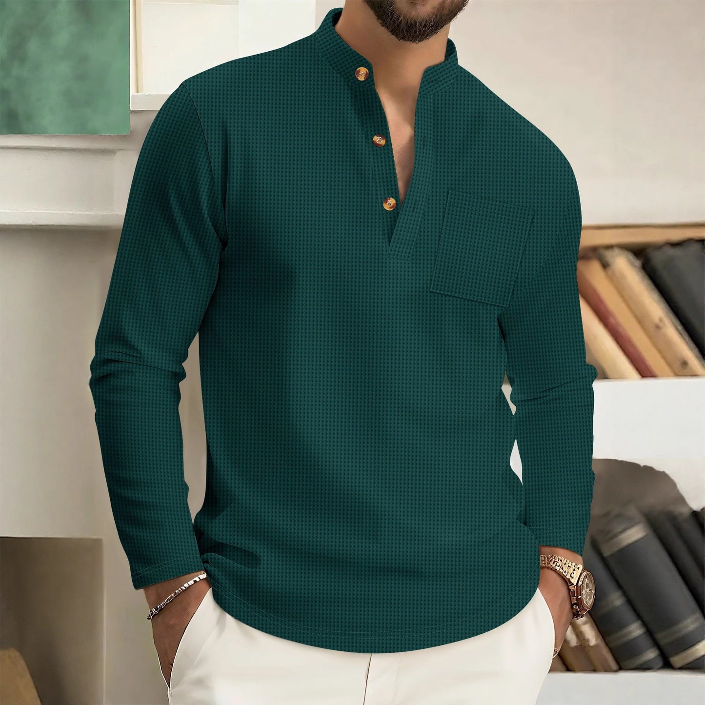 Men’s Waffle Knit Button-Up Sweater – Solid Color Long Sleeve Casual Top