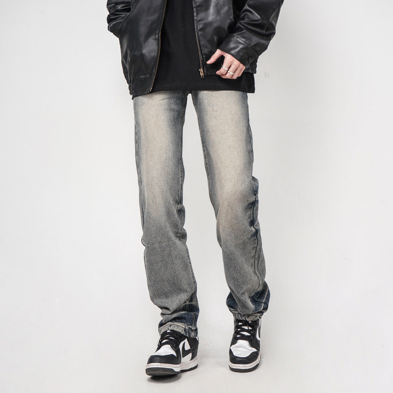 Men’s Washed Yellow Loose Straight Jeans – Casual Streetwear