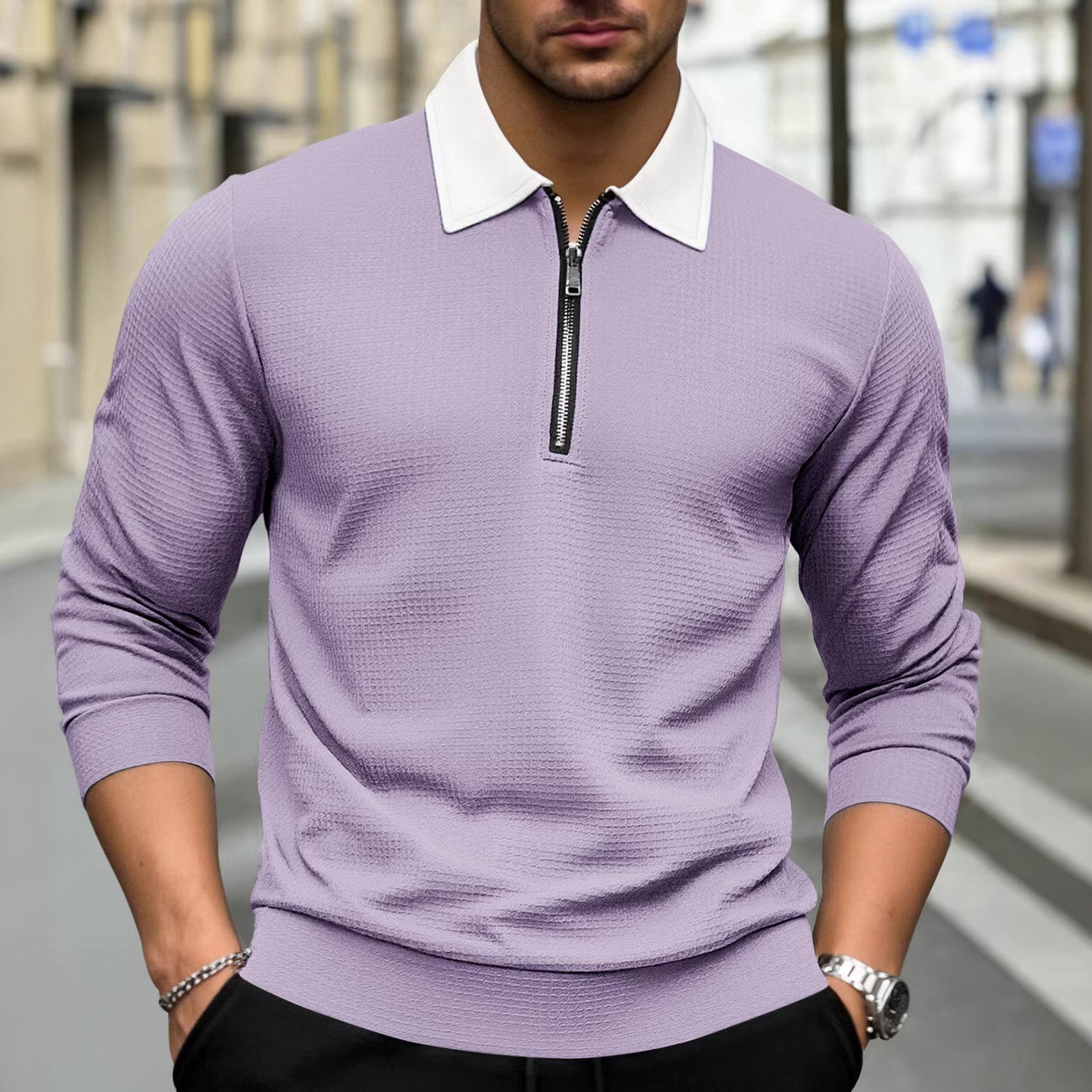 Solid-color Waffle-knit Long-sleeve Lapel Zip-up Shirt