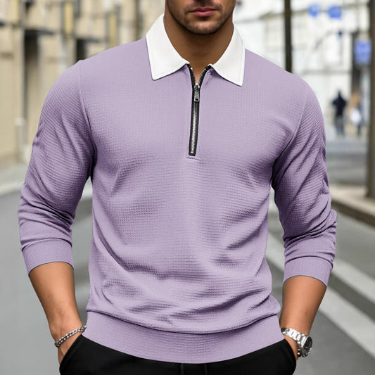 Solid-color Waffle-knit Long-sleeve Lapel Zip-up Shirt